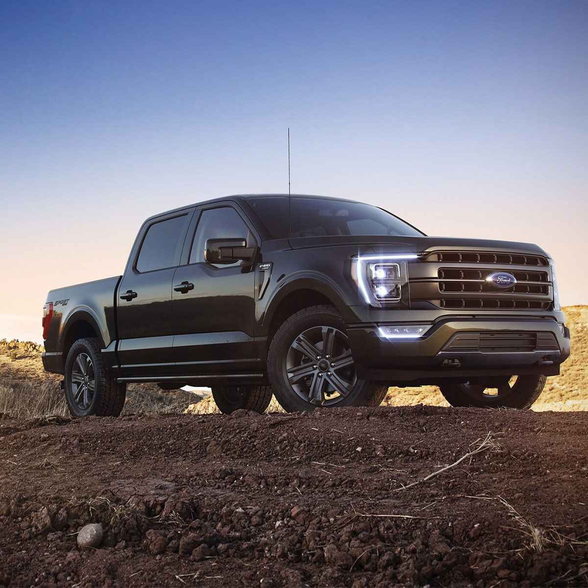 side profile of ford f150 pick up truck in black color siting on top of dirt terrain